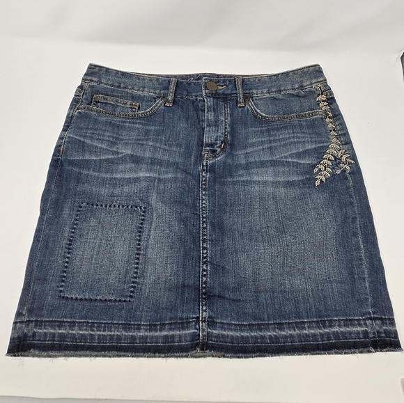 EDDIE BAUER DENIM BLUE JEANS SKIRT BUTTON FLY CREAM EMBROIDERY WOMEN   6 2010S - Picture 7 of 15